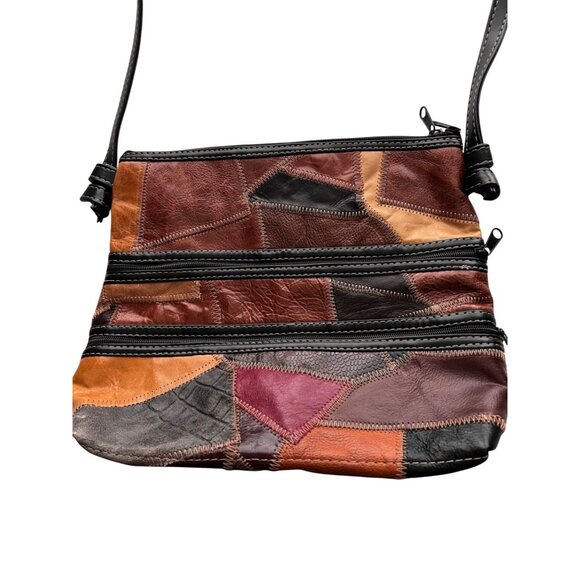 Handmade Genuine Leather Multicolor Patchwork Crossbody Bag W/ Zipper Pockets - Picture 2 of 6